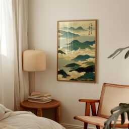 Lake District Landscape Art Print - Teal & Gold Mountain Poster Ukiyo-E Style Wall Decor Japanese Inspired Nature Artwork - thumbnail 2