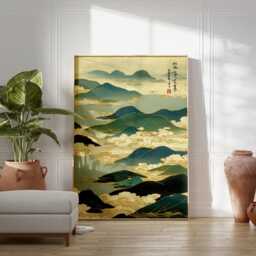 Lake District Landscape Art Print - Teal & Gold Mountain Poster Ukiyo-E Style Wall Decor Japanese Inspired Nature Artwork - thumbnail 3