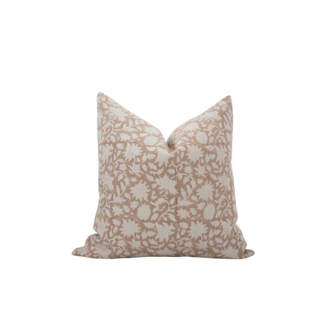 Hazel -- Designer Tan Floral Linen Pillow Cover Block Print Sand Modern Farmhouse Neutral - image 1