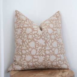 Hazel -- Designer Tan Floral Linen Pillow Cover Block Print Sand Modern Farmhouse Neutral - thumbnail 3