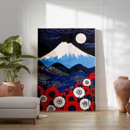 Japanese Wall Art Print, Mt Fuji Poster With Moon & Flowers, Modern Japan Landscape Artwork, Asian Inspired Home Decor Illustration - thumbnail 2