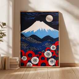Japanese Wall Art Print, Mt Fuji Poster With Moon & Flowers, Modern Japan Landscape Artwork, Asian Inspired Home Decor Illustration - thumbnail 3