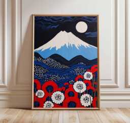Japanese Wall Art Print, Mt Fuji Poster With Moon & Flowers, Modern Japan Landscape Artwork, Asian Inspired Home Decor Illustration - thumbnail 1