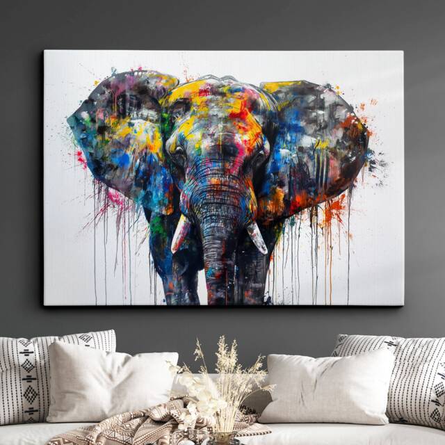 Elephant Animal Abstract Oil Painting Colourful Paint Splatter Style Wall Art Framed Canvas Poster Print Home Living Room Decor Gifts - image 1