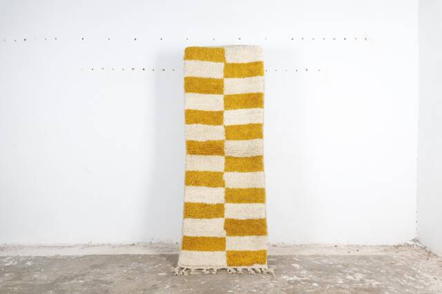 Yellow Checkered Berber Runner Rug Vintage Boujaad Wool Rug - image 1