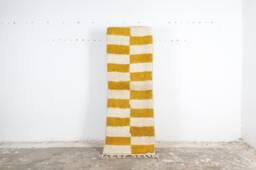 Yellow Checkered Berber Runner Rug Vintage Boujaad Wool Rug - thumbnail 1