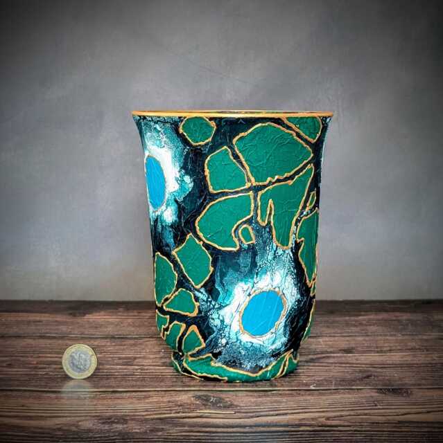 Emerald Green Hand-Painted Glass Vase - Forest Flower Design With Gold & Turquoise Dot Lantern Or Plant Pot 18cm/7 - image 1