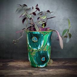 Emerald Green Hand-Painted Glass Vase - Forest Flower Design With Gold & Turquoise Dot Lantern Or Plant Pot 18cm/7 - thumbnail 3