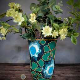 Emerald Green Hand-Painted Glass Vase - Forest Flower Design With Gold & Turquoise Dot Lantern Or Plant Pot 18cm/7 - thumbnail 2