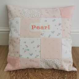 Personalised Baby Clothes Memory Pillow, With Date Of Birth Embroidery, Patchwork Keepsake Cushion - thumbnail 2
