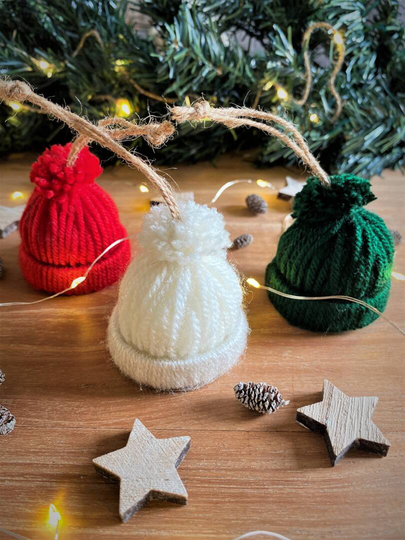 Set Of Handmade Bobble Hat Christmas Tree Decorations