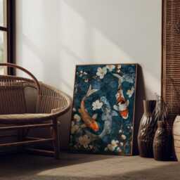 Japanese Koi Fish Wall Art Print - Tranquil Zen Decor, Traditional Ukiyo-E Style, Elegant Lotus Pond, Japandi Minimalist Aesthetic - thumbnail 3