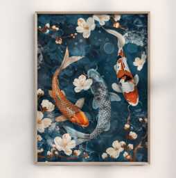 Japanese Koi Fish Wall Art Print - Tranquil Zen Decor, Traditional Ukiyo-E Style, Elegant Lotus Pond, Japandi Minimalist Aesthetic - thumbnail 1