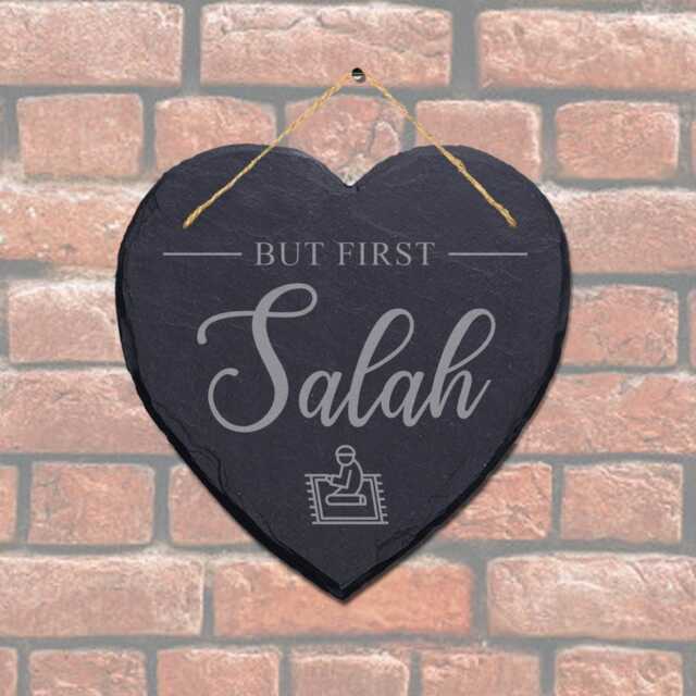 But First Salah Engraved Wall Hanging Islamic Heart Shape Home Slate Plaque Sign - image 1