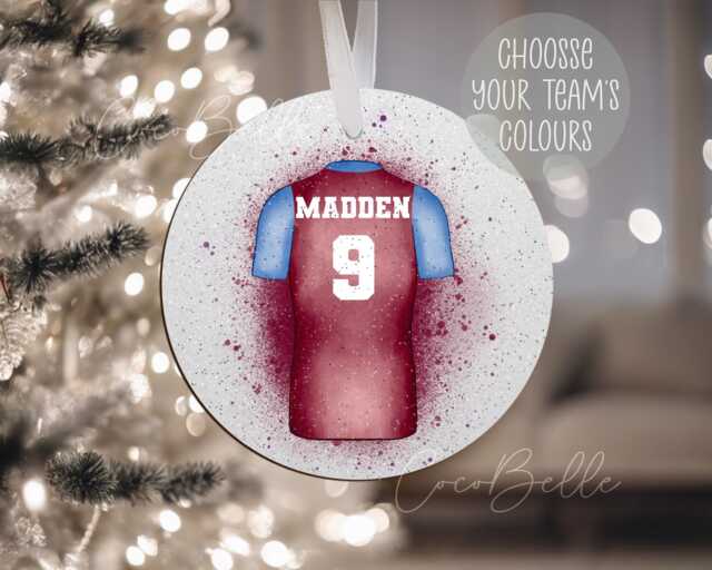 Personalised Football Shirt Bauble, Any Colour Team Childrens Gift Boy Girl Glitter UK New Tree Decor Kids Idea Family - image 1