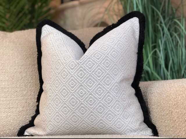 Cream Beige Geometric Patterned Cushion Cover With Customisable Fringe - Paris - image 1