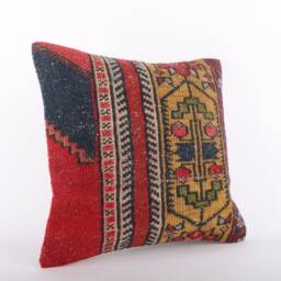 Handmade Turkish Kilim Pillow Embroidered Wool Cushion Cover - 18''x18'' - thumbnail 2