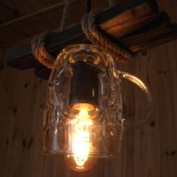 Beer Glass Lamp From Aged Wood, Pendant Wooden Lamp, Rustic Light, Rope Beer Mug Pub Style Light - thumbnail 4
