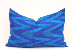 Handloom Silk Velvet Ikat Pillow Cover, Navy & Blue - thumbnail 1