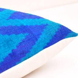 Handloom Silk Velvet Ikat Pillow Cover, Navy & Blue - thumbnail 3