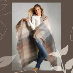 Luxury Throw in 100% Peruvian Alpaca - Hand-Woven Jacquard Shades Of Grey, Blue & Brown, Tobacco 130x180 cm - thumbnail 2