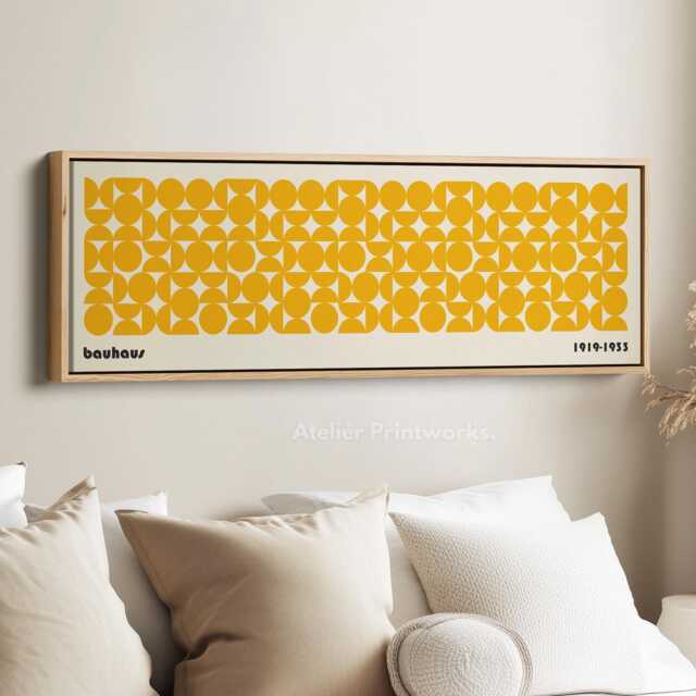 Yellow Cream Geometric Bauhaus Wall Art Horizontal Framed Canvas Long Panoramic Retro Style Artwork For Bedroom Living Room Or Office - image 1