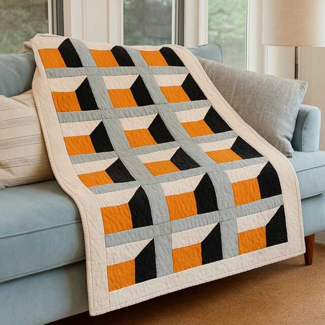3D Geometric Quilt Pattern - Modern Window Design - PDF Download, 63x97In Twin/Throw Size - image 1