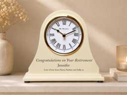 Men's Or Women's Retirement Leaving Gift Engraved Wooden Personalised Beige Mantel Clock Colleague Friend Employee Man Woman Retiring Gifts - thumbnail 1
