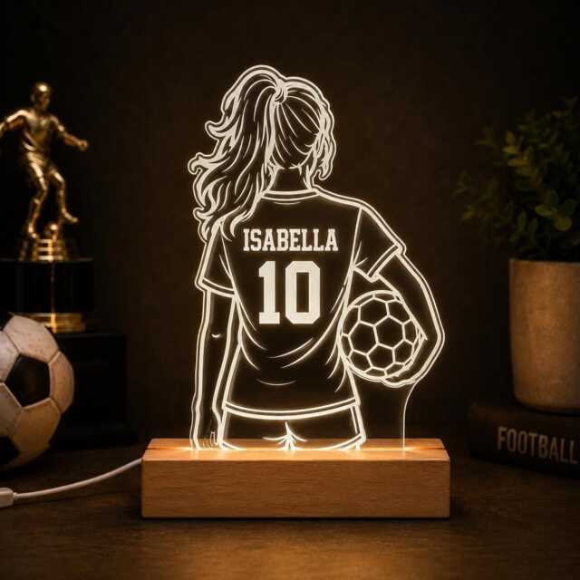 Personalised Girl Football Player Night Light - Custom Name & Number Led Lamp - image 1