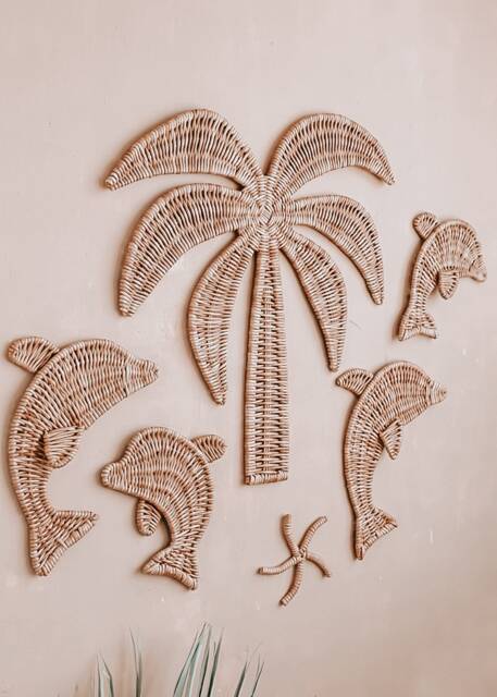 Wicker Palm Tree & Dolphin Wall Decor Coastal Nursery Art - image 1