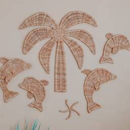 Wicker Palm Tree & Dolphin Wall Decor Coastal Nursery Art - thumbnail 2