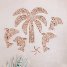 Wicker Palm Tree & Dolphin Wall Decor Coastal Nursery Art - thumbnail 3