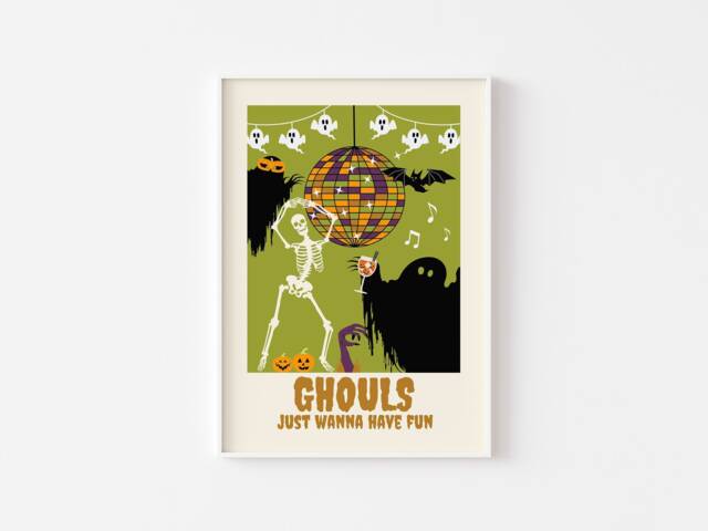 Ghouls Just Wanna Have Fun Print - Trendy Halloween Decor, Disco Ball, Retro, Cute Skeleton Ghost Pumpkin, Party - image 1