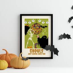 Ghouls Just Wanna Have Fun Print - Trendy Halloween Decor, Disco Ball, Retro, Cute Skeleton Ghost Pumpkin, Party - thumbnail 3