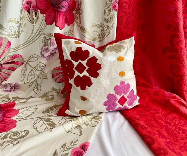 "Embroidered Floral Pillow Cover Designer Jab Cotton Linen Cushion - 18""x 18" - image 1