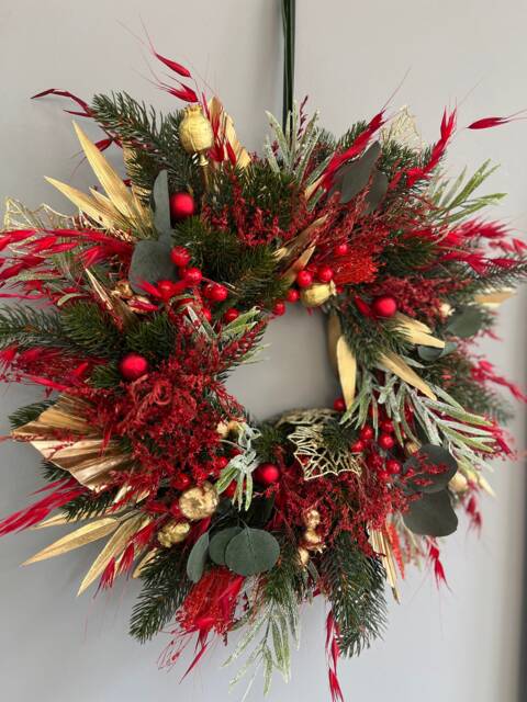 Red & Gold Christmas Wreath, Winter Wall Decor, Classic Xmas Wreath, Farmhouse Wreath, Dried Flower Wreath - image 1