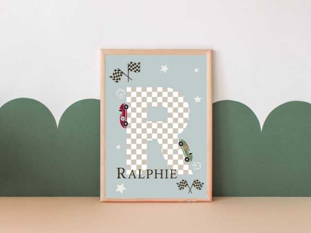 Personalised Race Car Checkered Flag Initial Print. Perfect Wall Art For A Nursery, Bedroom Or Playroom - Print Only - image 1