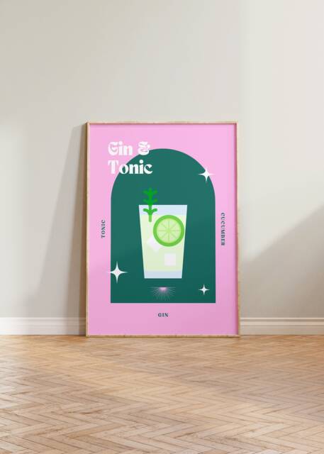 Gin & Tonic Print, Retro Cocktail Wall Art, Poster, Bar Decor, Prints, Colourful Poster Cocktails Dining Room Art - image 1