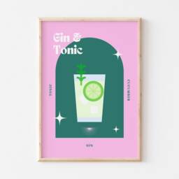 Gin & Tonic Print, Retro Cocktail Wall Art, Poster, Bar Decor, Prints, Colourful Poster Cocktails Dining Room Art - thumbnail 2