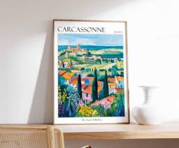 Carcassonne France Travel Poster Medieval City Wall Art - thumbnail 1