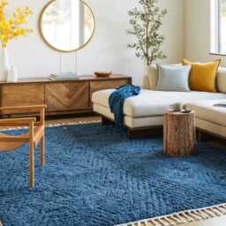 Blue White Chevron Moroccan Berber Rug, Large Area Shag Boho Living Room Decor, Hand Tufted Wool Carpet - thumbnail 3