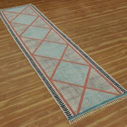 Blue Cotton Runner Rug, Hand Block Printed Indian Rug - thumbnail 3
