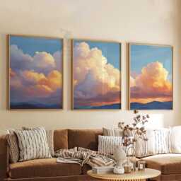 Sunset Cloud Wall Art Set Of 3 - Golden Sky Landscape Prints Serene Mountain Horizon Artwork Warm Modern Decor - thumbnail 3