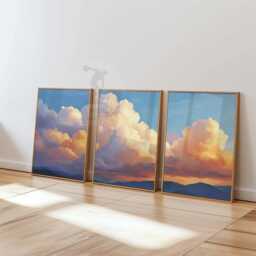 Sunset Cloud Wall Art Set Of 3 - Golden Sky Landscape Prints Serene Mountain Horizon Artwork Warm Modern Decor - thumbnail 1