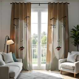 Minimalist Face Line Art Curtains, Modern Abstract Portrait Window Drapes For Living Room Or Bedroom, Boho Neutral Made To Measure Curtains - thumbnail 3