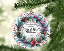 First Christmas Married Ornament Xmas Wreath Marble Mr & Mrs Decor Ceramic Or Mdf Acrylic Bauble Disc Customised Tree Decorations Decors