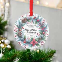 First Christmas Married Ornament Xmas Wreath Marble Mr & Mrs Decor Ceramic Or Mdf Acrylic Bauble Disc Customised Tree Decorations Decors - thumbnail 3