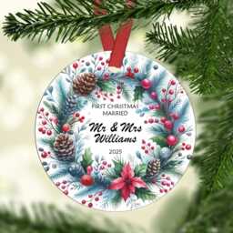 First Christmas Married Ornament Xmas Wreath Marble Mr & Mrs Decor Ceramic Or Mdf Acrylic Bauble Disc Customised Tree Decorations Decors - thumbnail 2