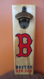 Boston Red Sox Wall Mounted Wooden Magnetic Bottle Opener With Magnetic Cap Catcher Bottle Catching Opener - thumbnail 1