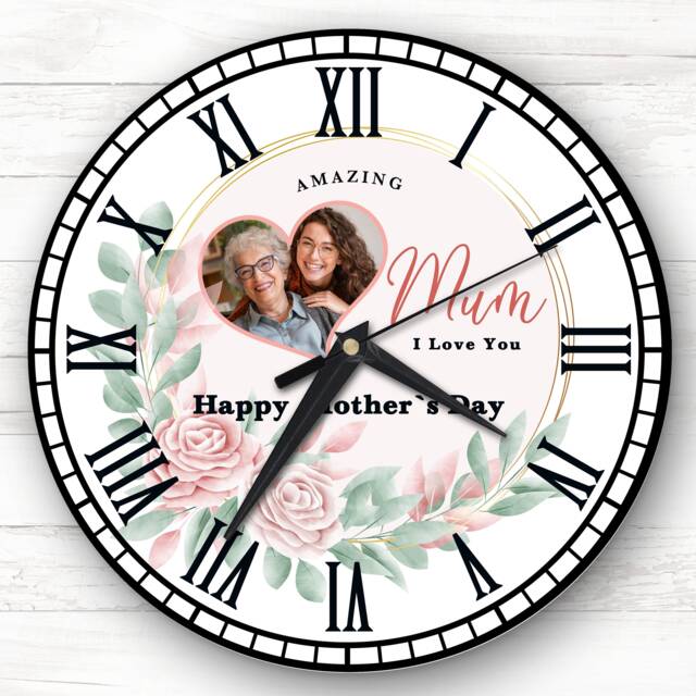 Amazing Mum Pink Floral Heart Photo Mother's Day Gift Personalised Clock - image 1